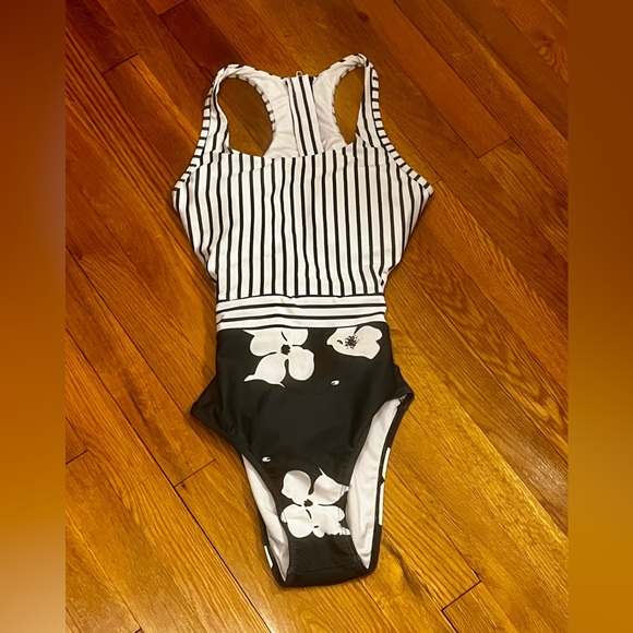 Popvil Other - One-Piece Dark Green and White Striped Floral Swimsuit